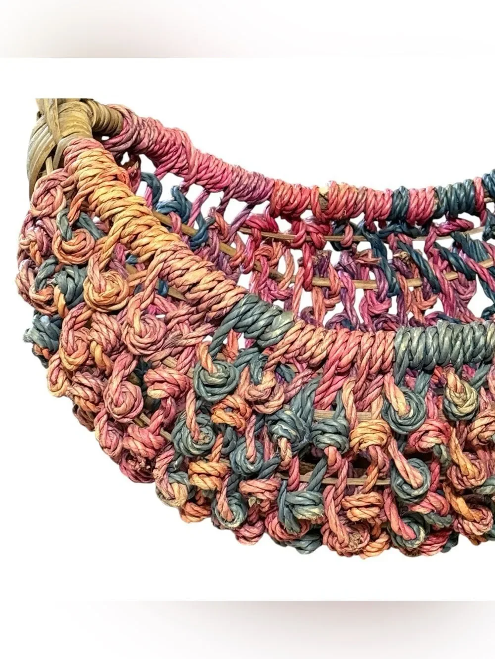 Large Colorful Woven Boho Boat Basket Pink Purple Teal and Tan 22” x 18” x 14”